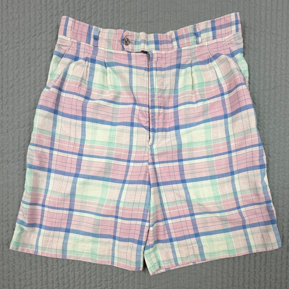 Vintage Lady Halrin Bleeding Madras Shorts Pink Blue Plaid High Waist Pleated 29